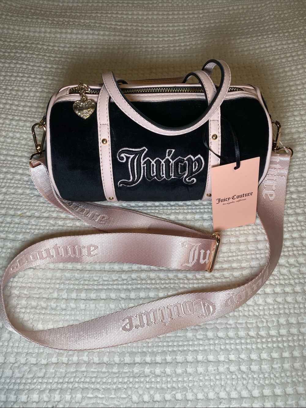 NWT Juicy Couture Mini Black Velvet Barrel Bag Light Pink Trim & pink Strap🖤💗